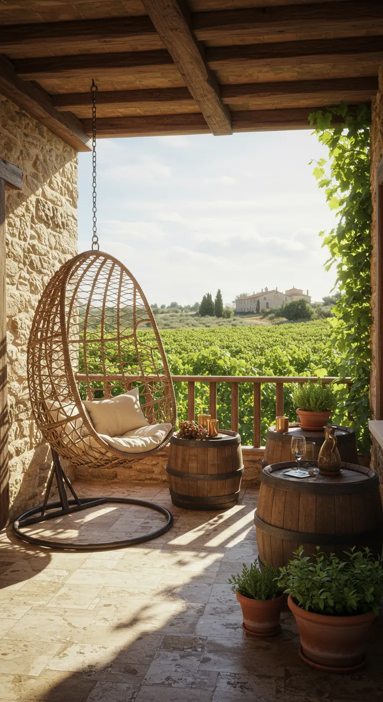 Rieten hangstoel op balkon met stenen muur, uitzicht op wijngaarden en wijnvaten als tafels.