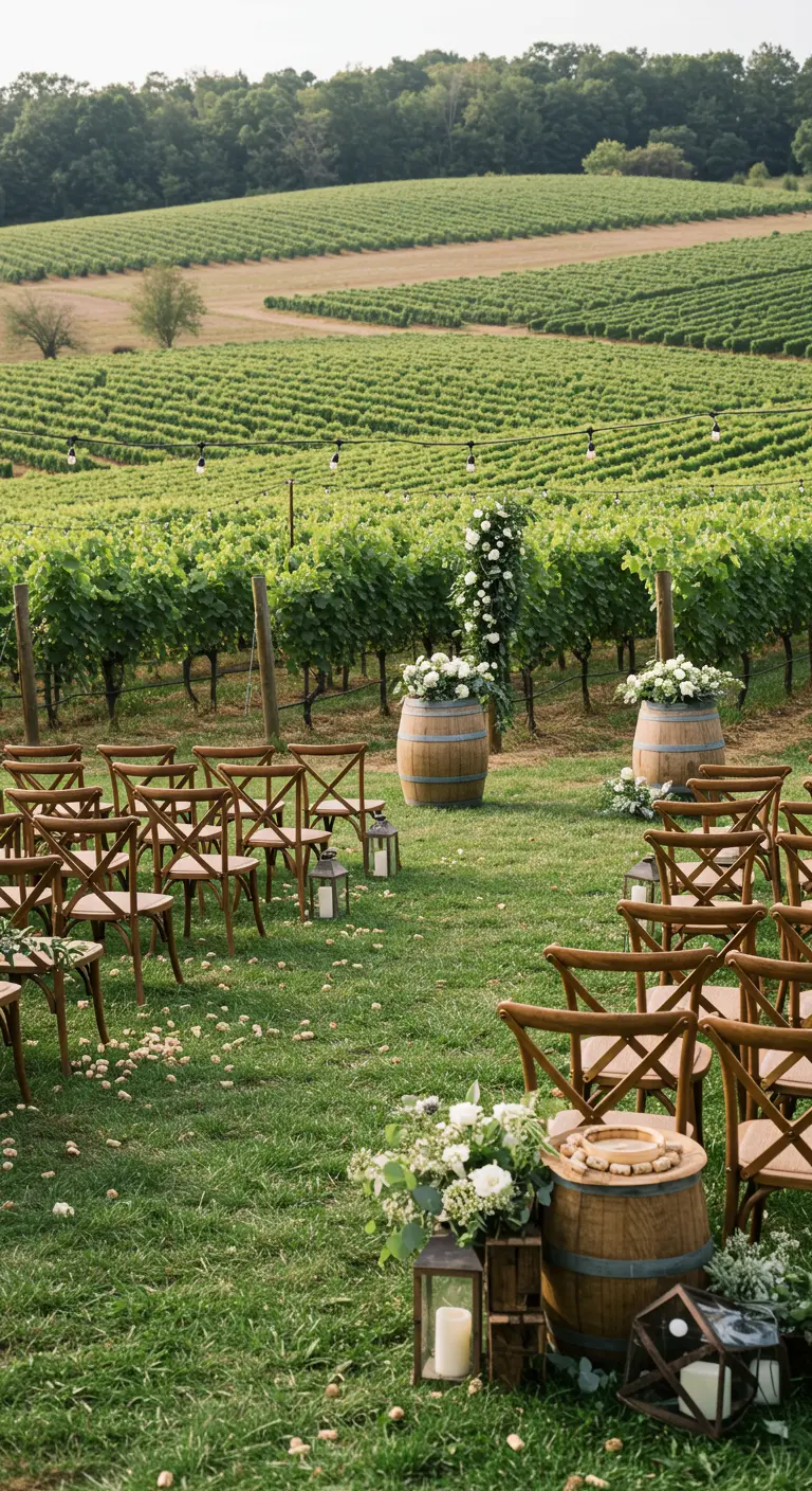Wijngaard ceremonie met houten stoelen, wijnvaten als decor en witte bloemen.