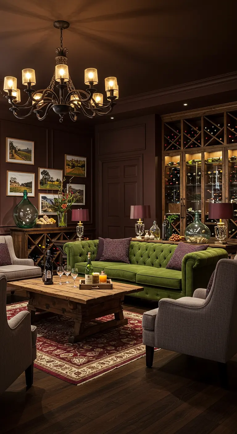 Donkere woonkamer met groene chesterfieldbank, wijnkast, grijze stoelen.