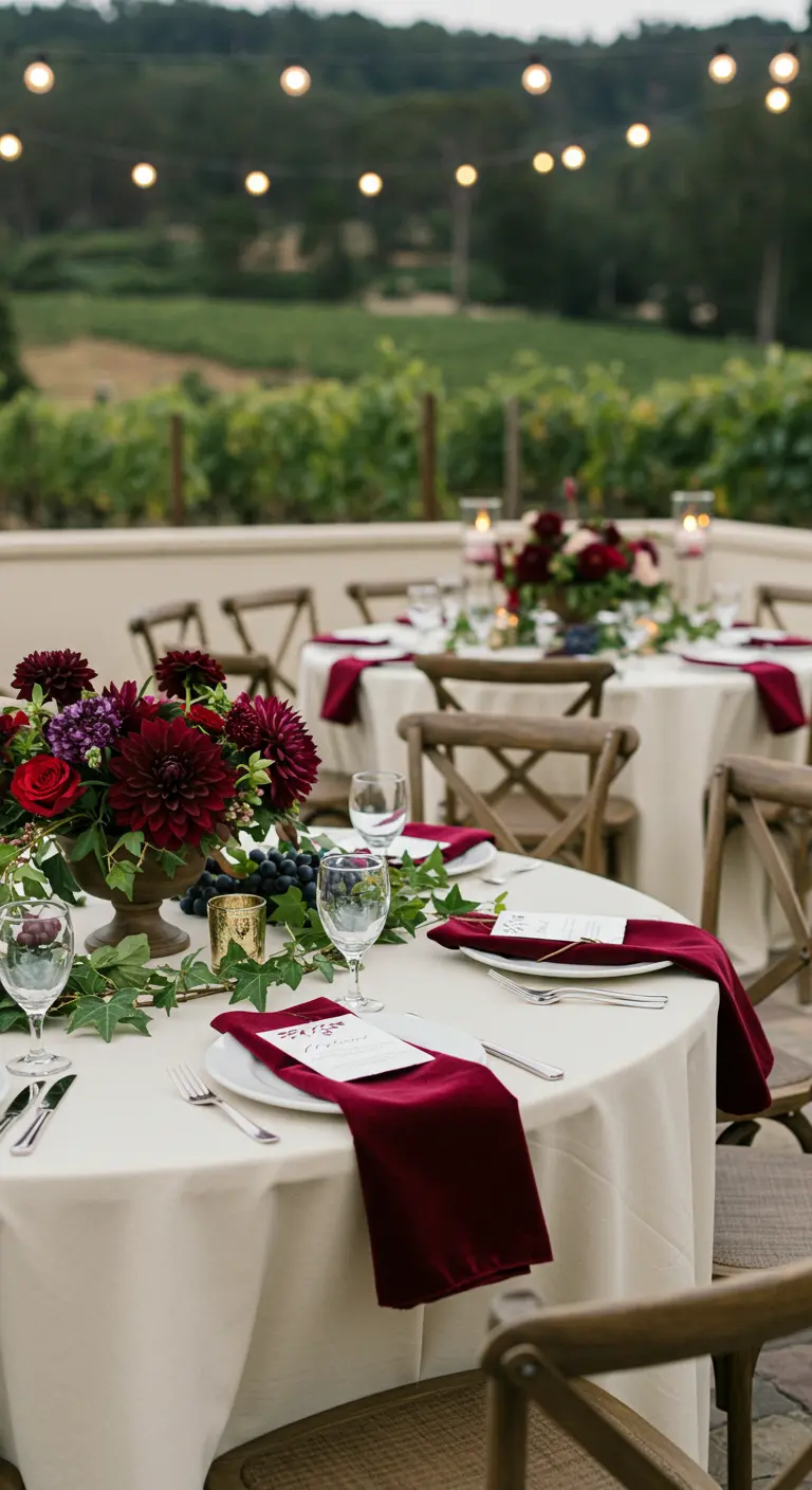 Vineyard wedding with white tables, deep red napkins, burgundy flowers, grapes, and string lights.