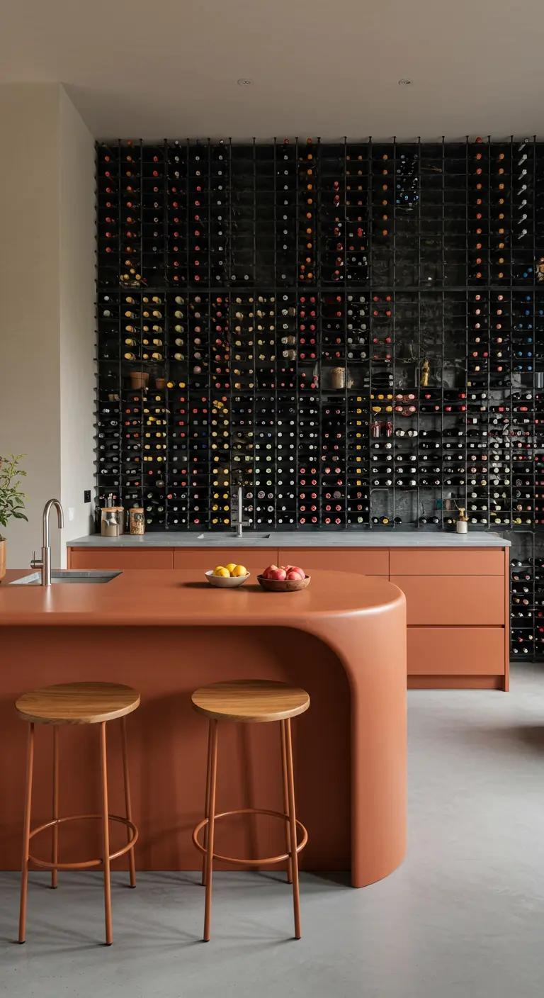 Keuken met een enorme zwarte wijnwand en een organisch gevormd terracotta-kleurig kookeiland.