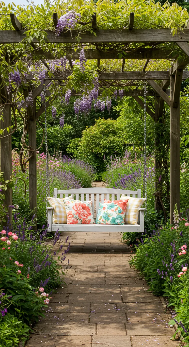 Witte schommelbank onder een paarse wijntakken pergola in een weelderige cottagetuin.
