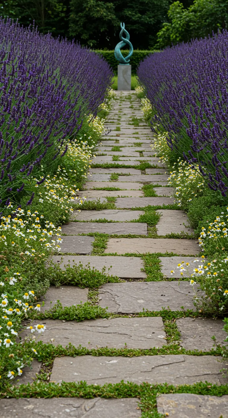 Onregelmatig stenen pad met gras en madeliefjes ertussen, omzoomd door lavendel.