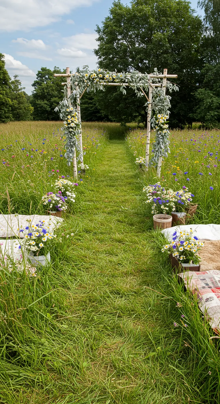 Trouwboog van berkenstammen en veldbloemen in een weide met hoog gras.
