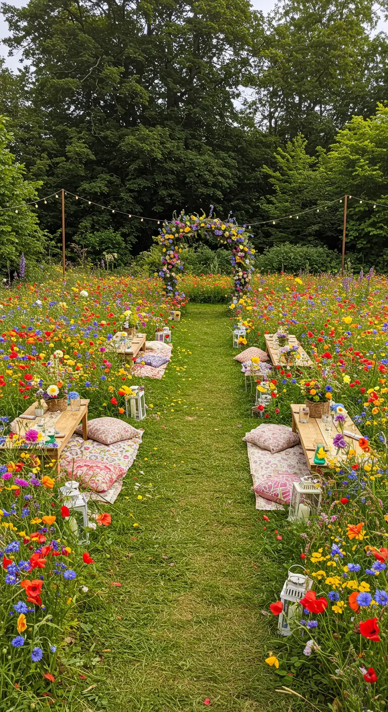 Picknick bruiloft in een wildbloemenveld met lage tafels, kussens en een kleurrijke bloemenboog.