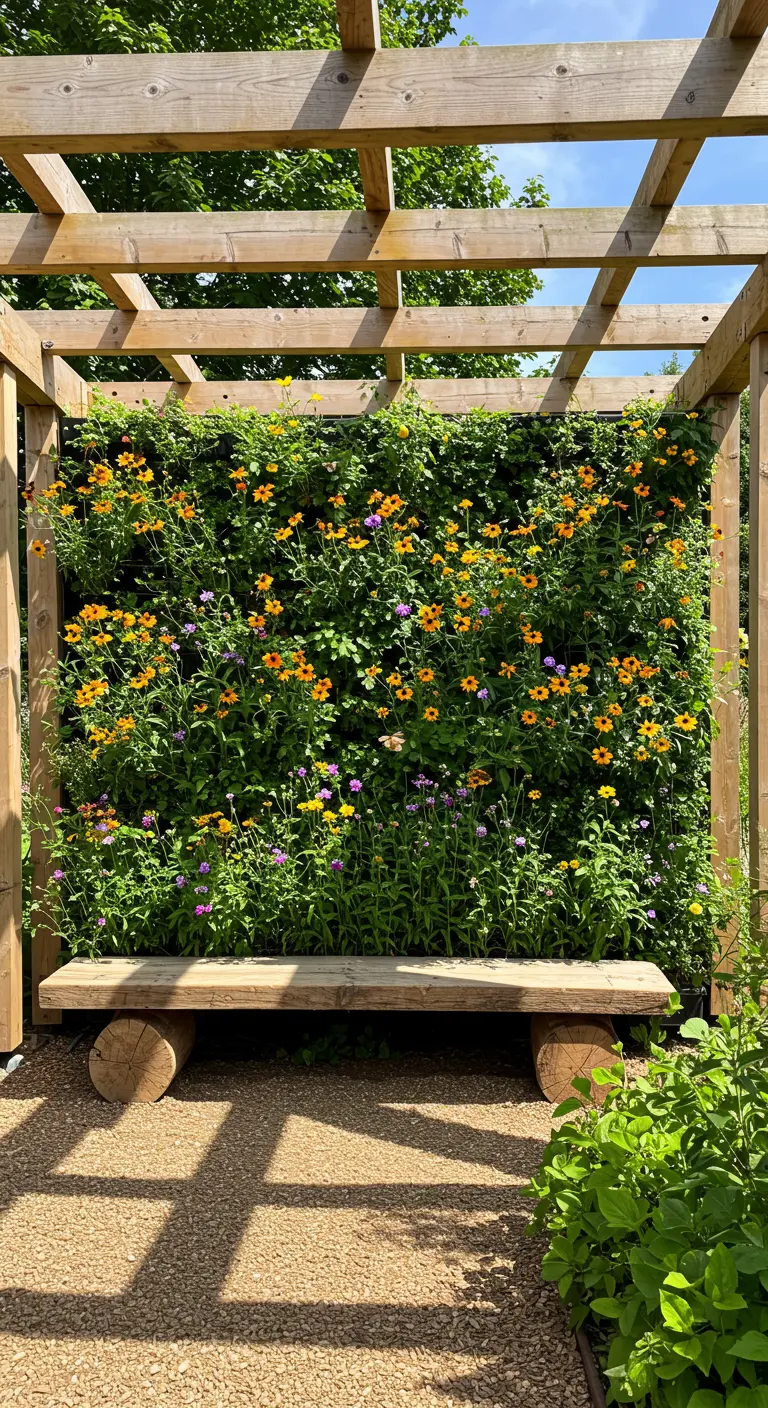 Houten pergola met een wand vol wilde gele en paarse bloemen.