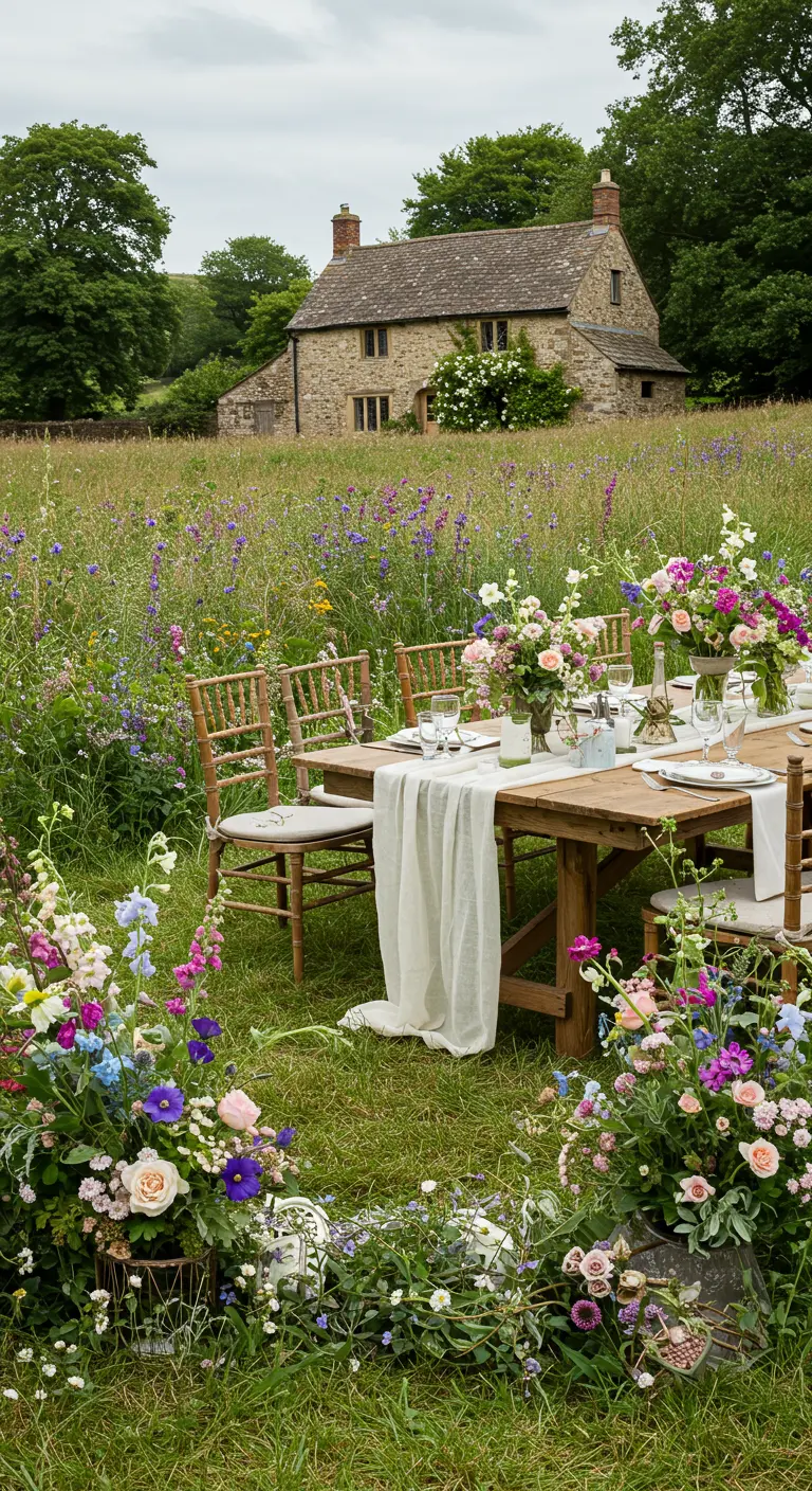 Bruiloftsdiner in een wilde bloemenweide met een rustieke houten tafel en veldbloemen.
