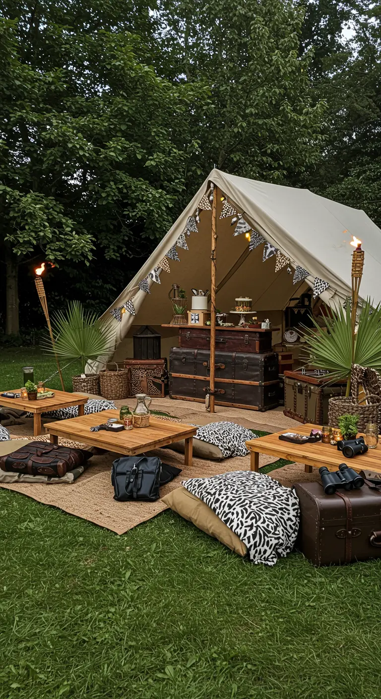 Safari-thema picknick met tent, lage tafels en dierenprint kussens.