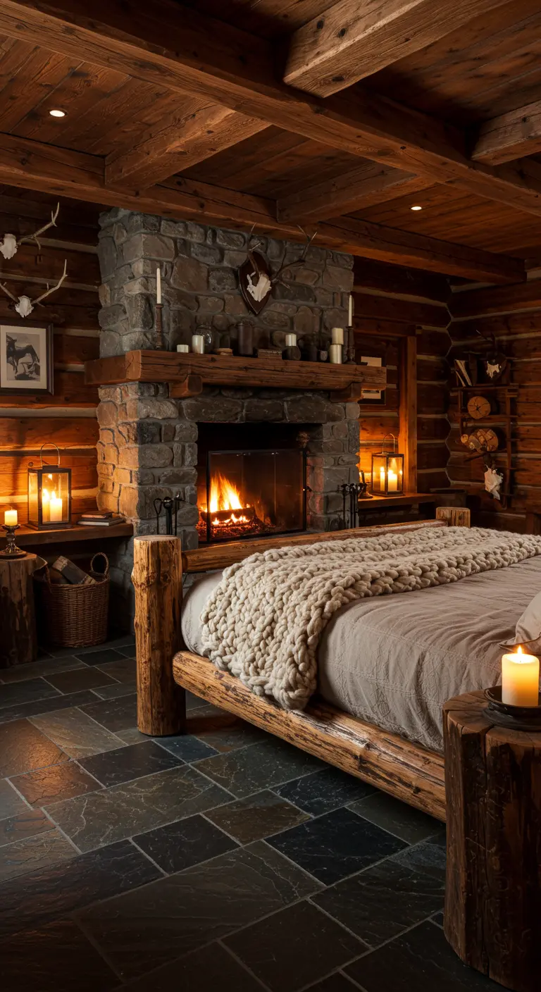 Rustieke slaapkamer met stenen open haard, boomstam bed en warme verlichting.