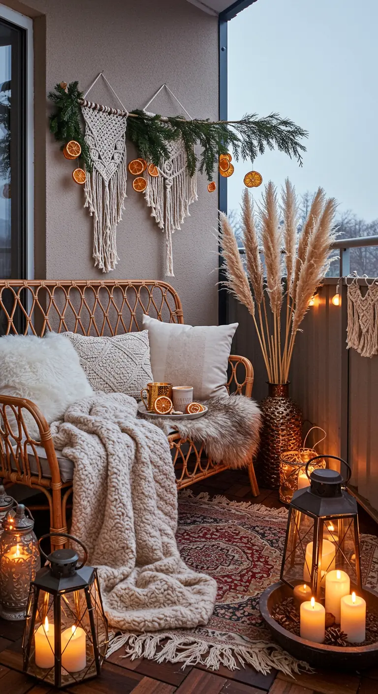 Winters boho-balkon met een rotan bank, schapenvacht, dekens en lantaarns.