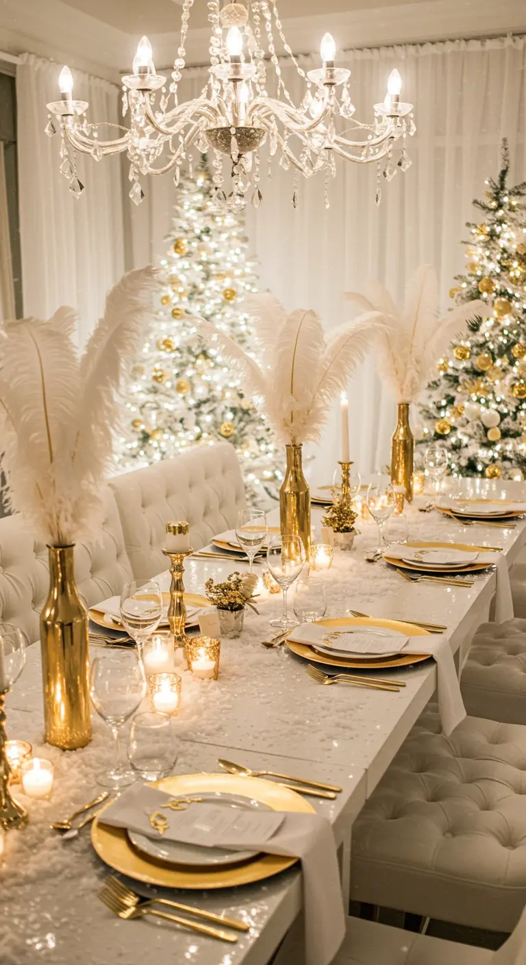 Witte en gouden eettafel met witte veren in gouden vazen en kerstbomen op de achtergrond.