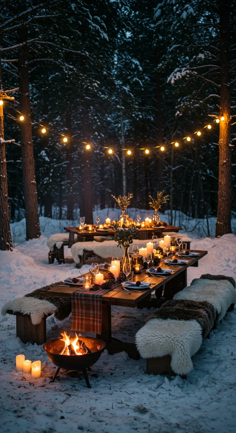 Dineropstelling in een besneeuwd bos met schapenvachten, kaarsen, een vuurkorf en lichtsnoeren.