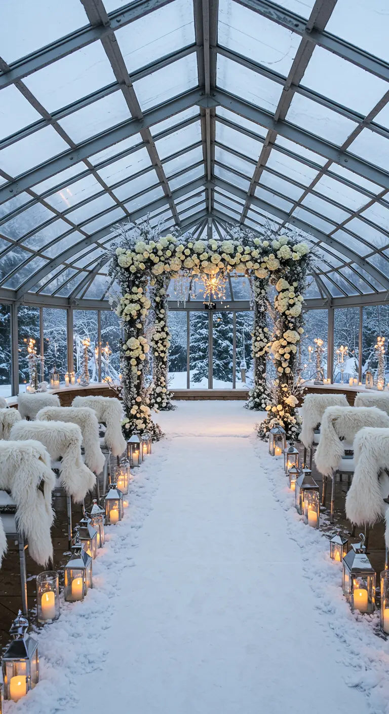 Winterceremonie in een glazen serre met een witte bloemenboog, sneeuw op de grond en veel kaarsen.