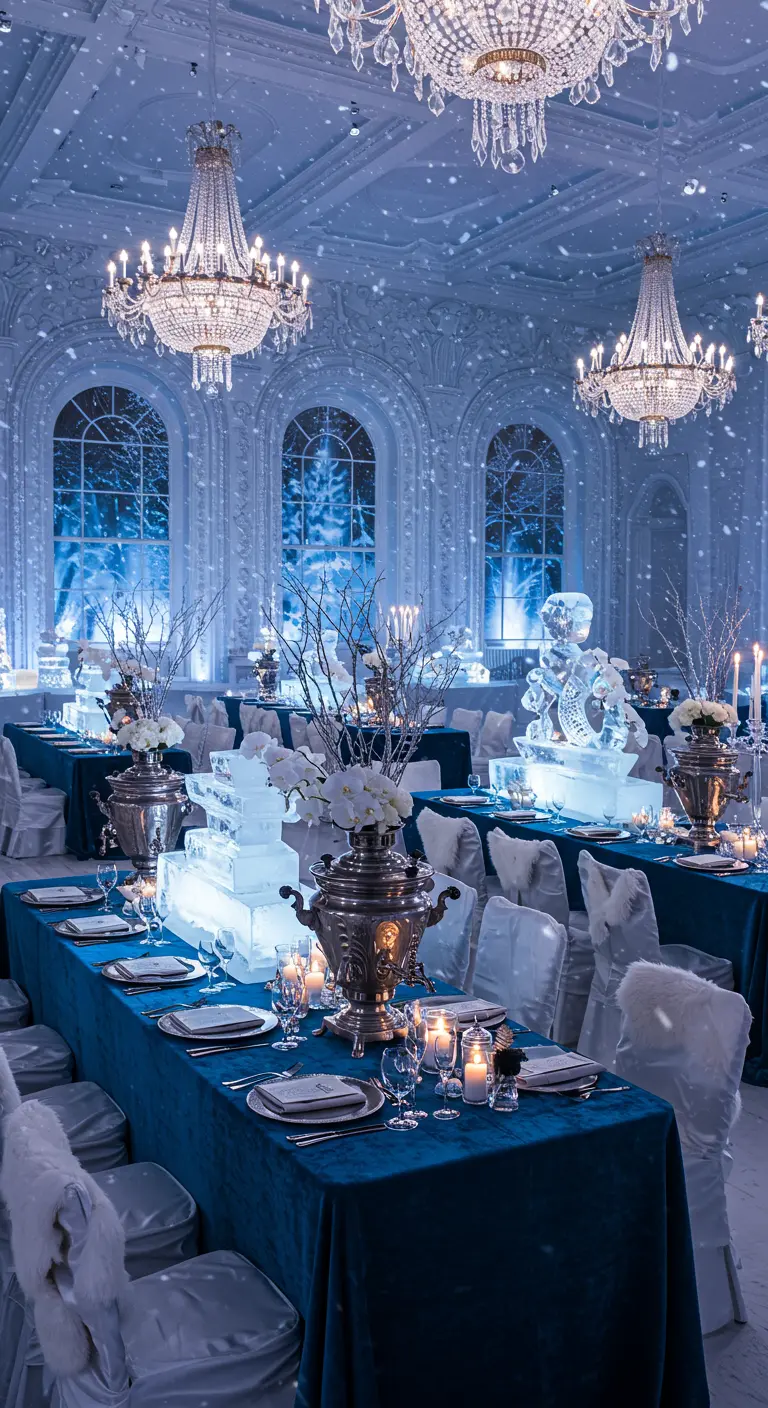 Winter Wonderland diner met blauwe tafels, ijssculpturen en kristallen kroonluchters.