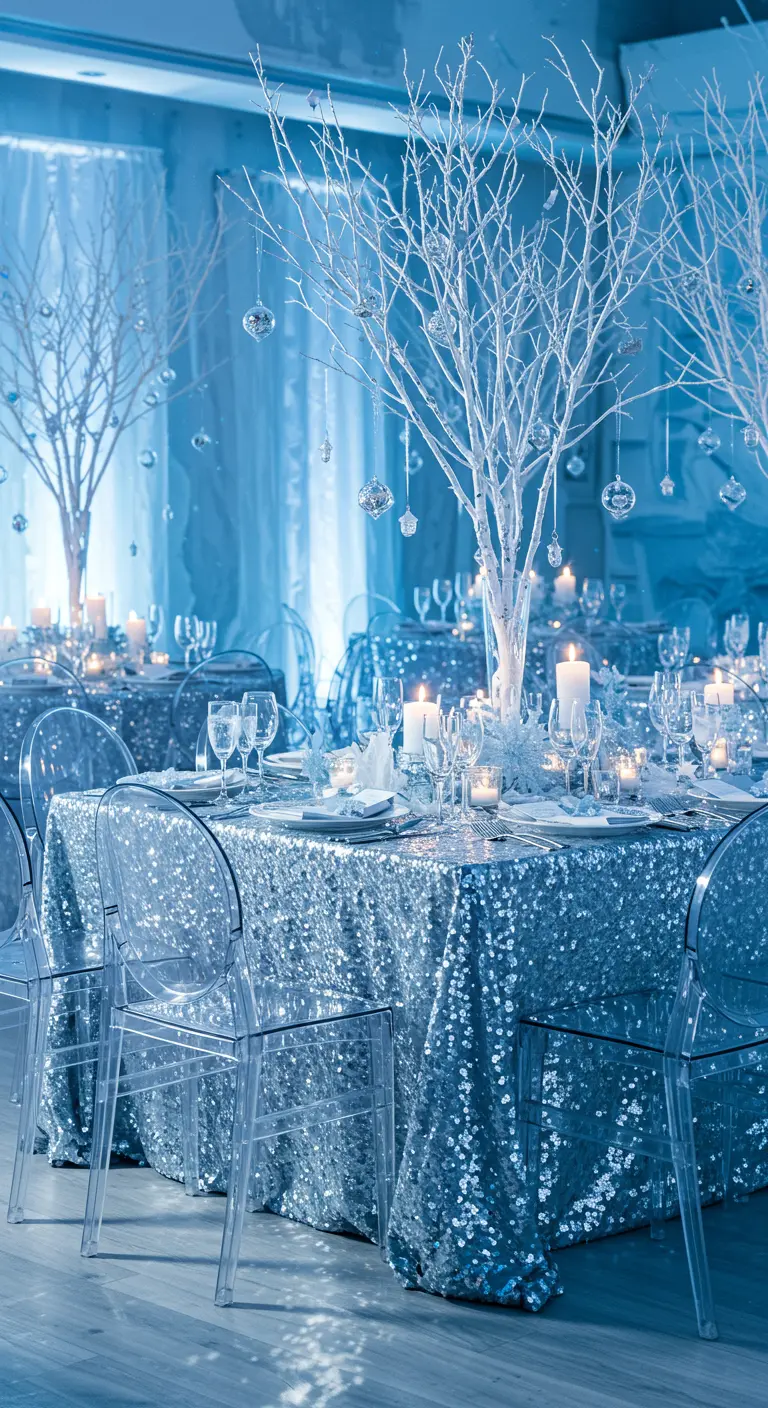 Feestzaal met ronde tafels, glittertafelkleden en witte takken als decoratie.