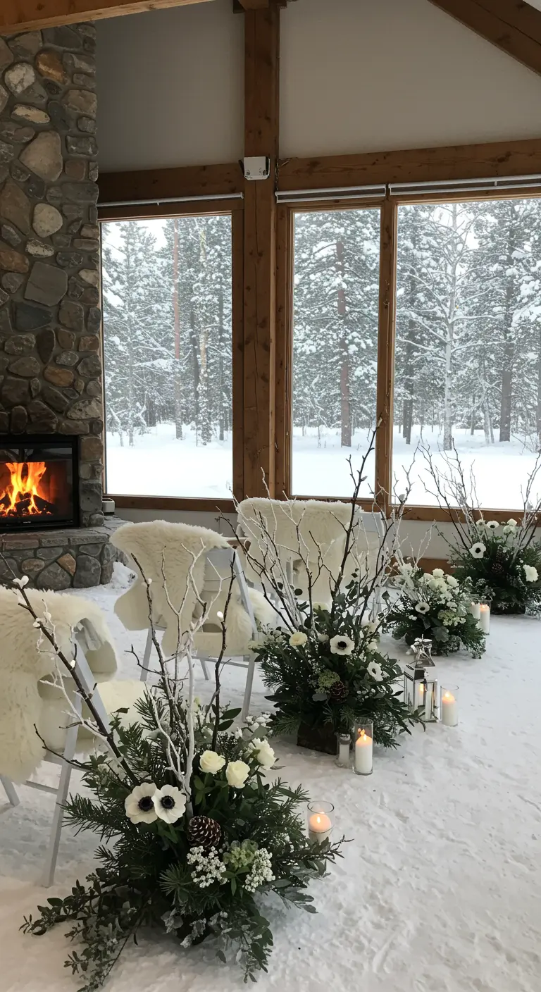 Winterse bruiloft setting met open haard, witte bontstoelen en bloemstukken met takken.