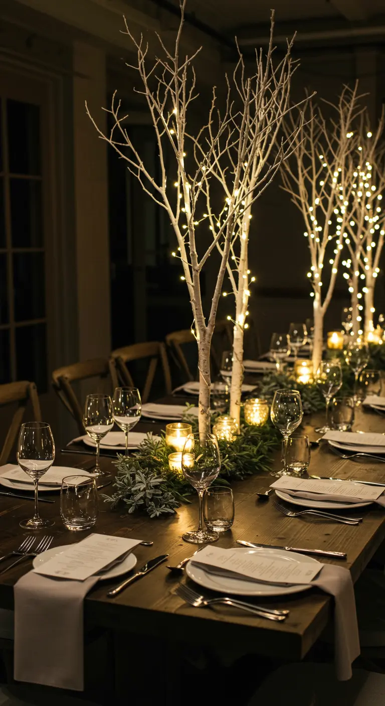 Dinertafel met witte berkenboompjes en sprookjesverlichting als centerpiece.