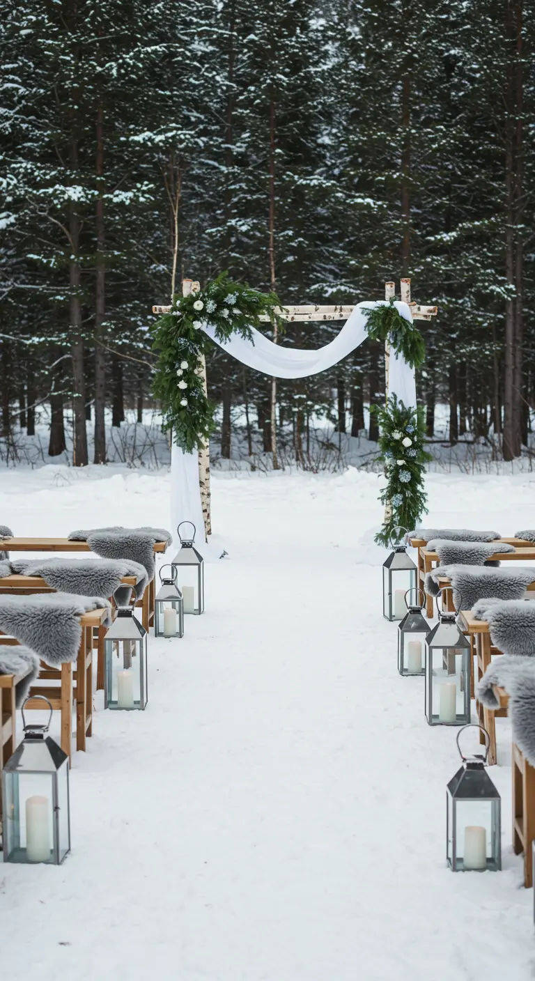 Buitenopstelling voor een ceremonie in de sneeuw, met lantaarns en schapenvachten.