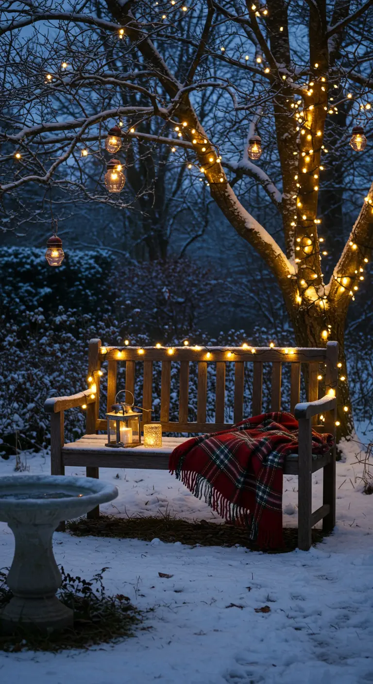 Houten tuinbank in de sneeuw, versierd met lichtslingers en een warme plaid.