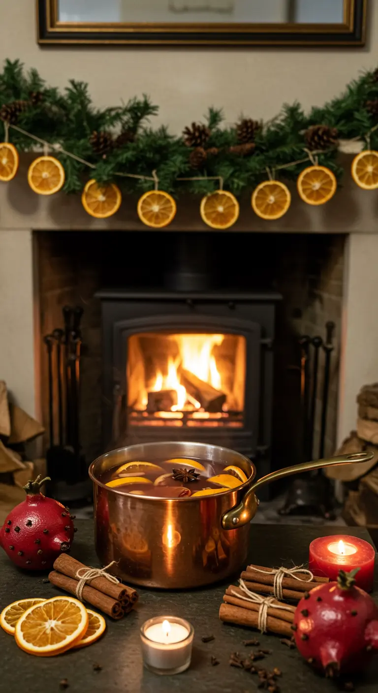 Een koperen pan met glühwein voor een brandende haard, omringd door specerijen.