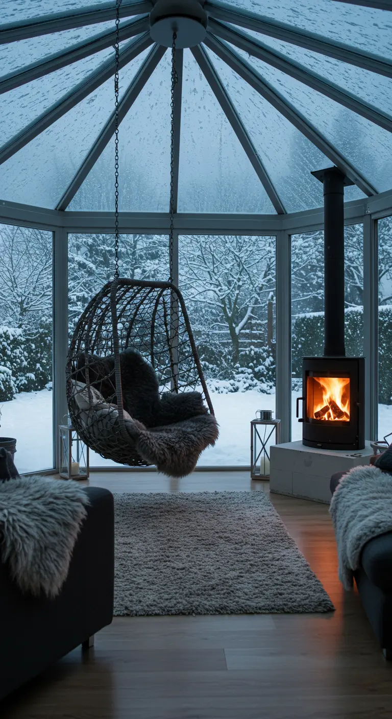 Donkere rotan hangstoel met een schapenvacht erin, naast een brandende houtkachel in een serre in de winter.