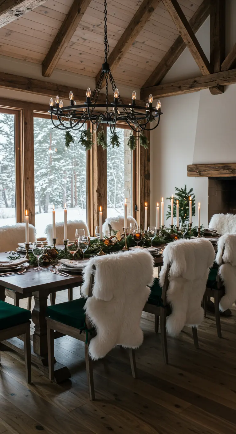 Eettafel in een chalet met schapenvachtjes over de stoelen.