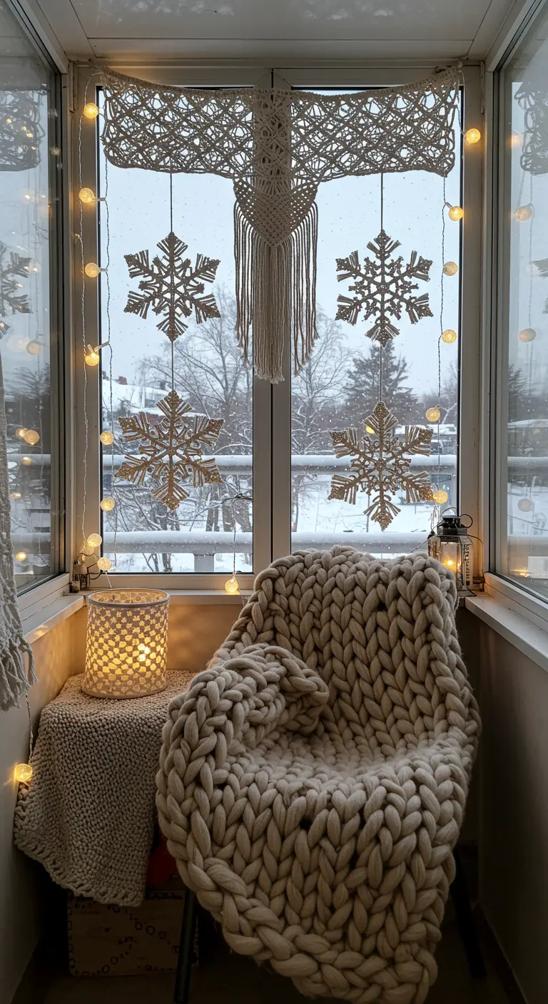 Winterbalkon met macramé raamdecoratie, sneeuwvlok-ornamenten en een dik gebreid deken.
