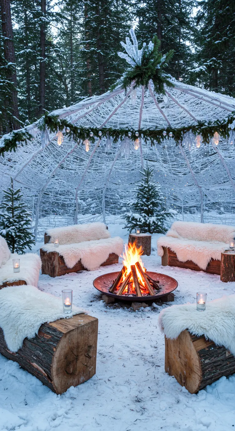 Winterse setting in de sneeuw met een vuurplaats, boomstronken en vachtjes.