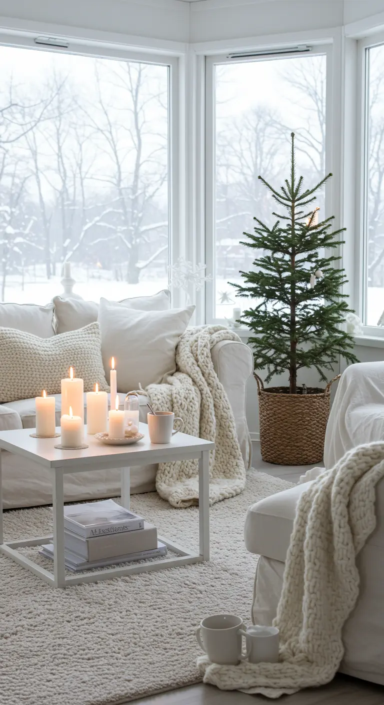 Witte woonkamer met een besneeuwd uitzicht, een kleine kerstboom en veel witte kaarsen en plaids.