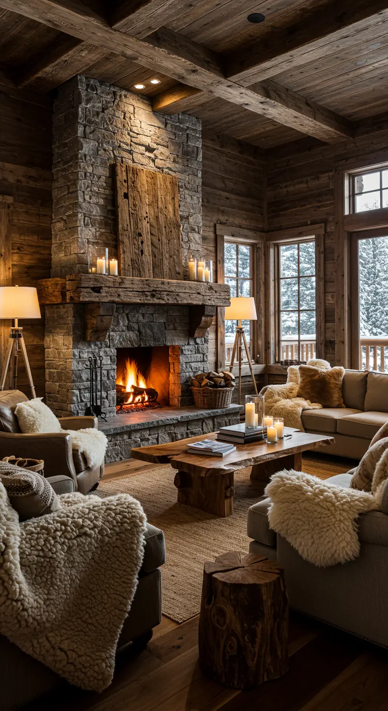 Knusse winterse woonkamer met stenen haard, donker hout, schapenvachten en kaarsen