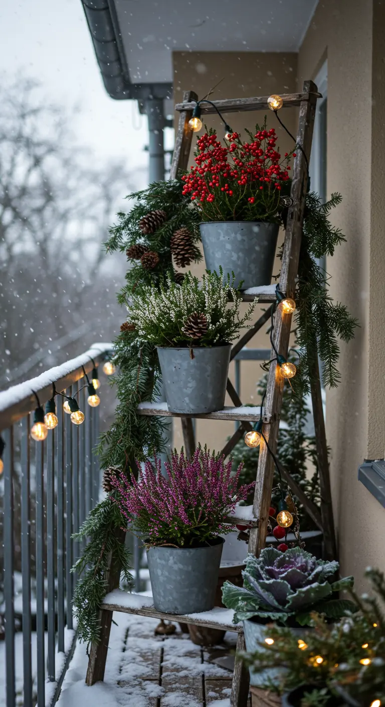 Houten ladder op een besneeuwd balkon met winterplanten, dennentakken en sfeervolle verlichting.