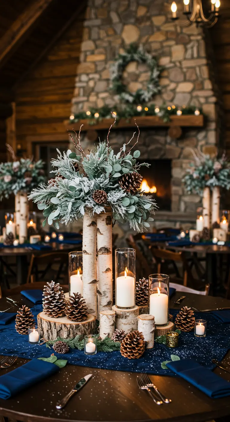 Winters centerpiece van berkenhout, eucalyptus, dennenappels en kaarsen op een donkerblauwe loper.