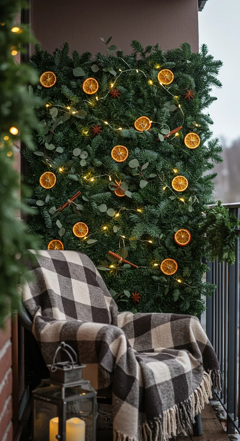 Winterse groene muur versierd met gedroogde sinaasappels en lichtjes.