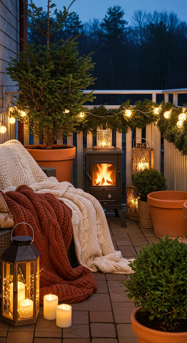 Balkon in winterse sfeer met minikachel, plaids, lantaarns en grote terracotta pot met kerstboom.