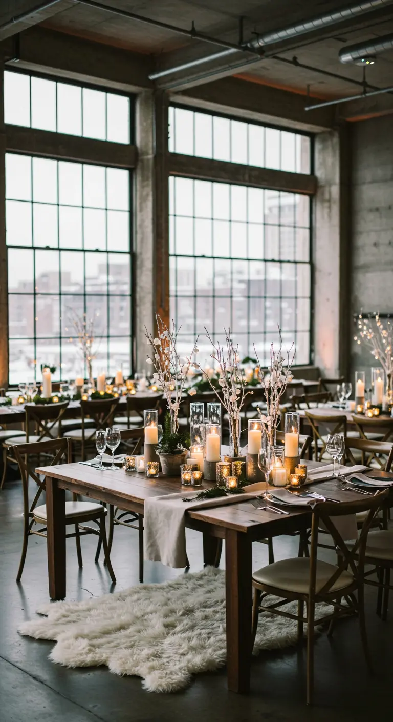 Dinertafel in een industriële ruimte in winterstijl, met takken, kaarsen en een schapenvacht op de vloer.