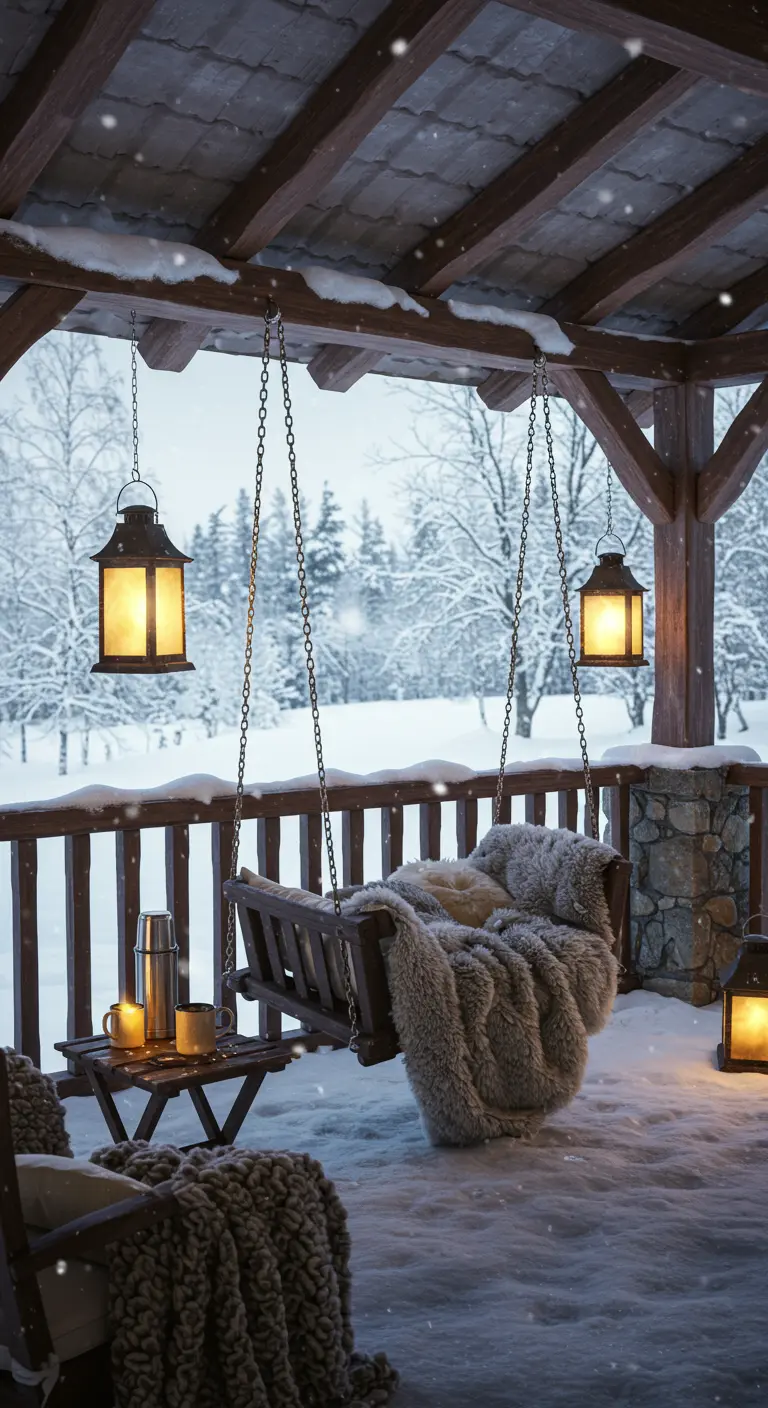Schommelbank op besneeuwde veranda, pluizige deken, lantaarns, winterlandschap.