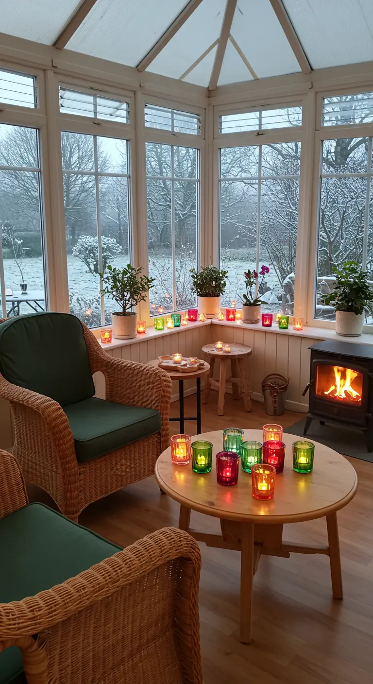 Wintertuin met witte kozijnen, rotan stoelen, kleine houtkachel en gekleurde theelichthouders.
