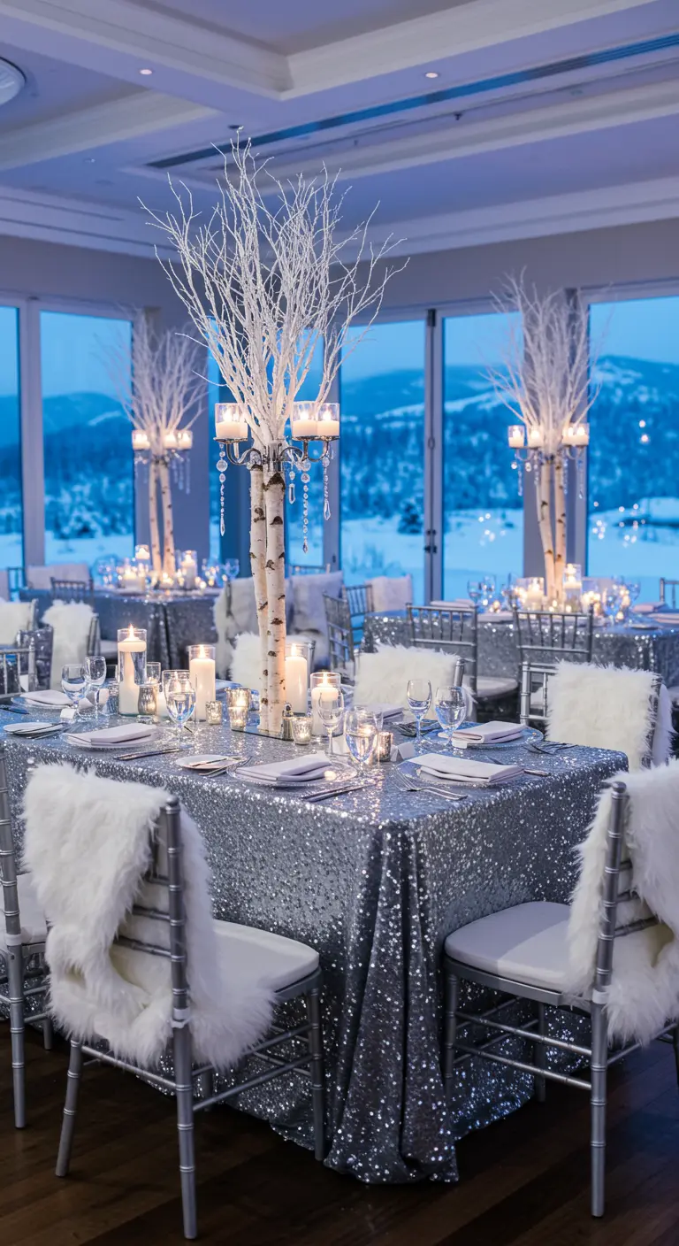 Winterse tafel met zilveren pailletten, berkenstammen en witte vachtjes op de stoelen.