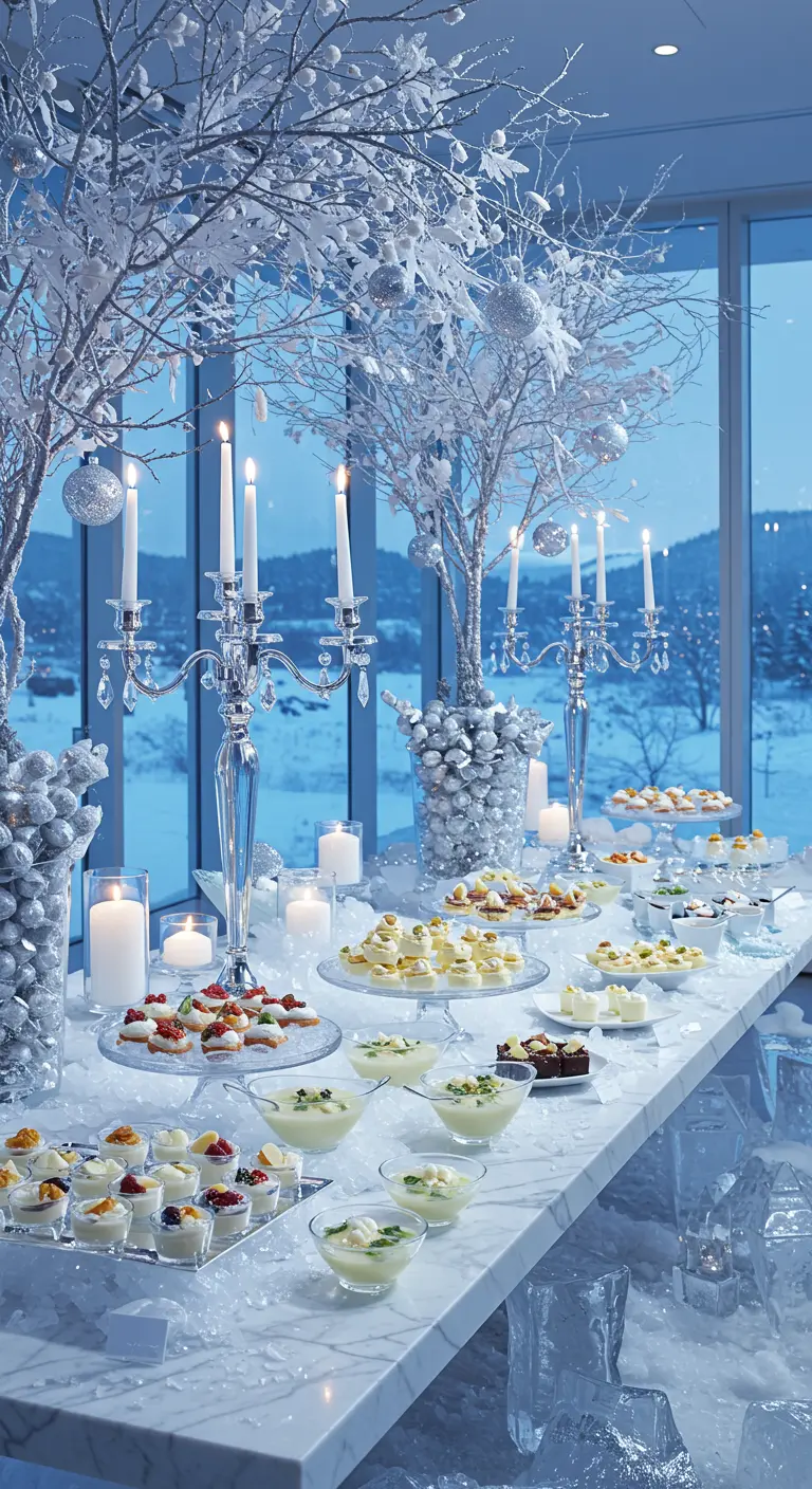 IJzig wit en zilver buffet met witte takken en kaarslicht voor een winterthema.