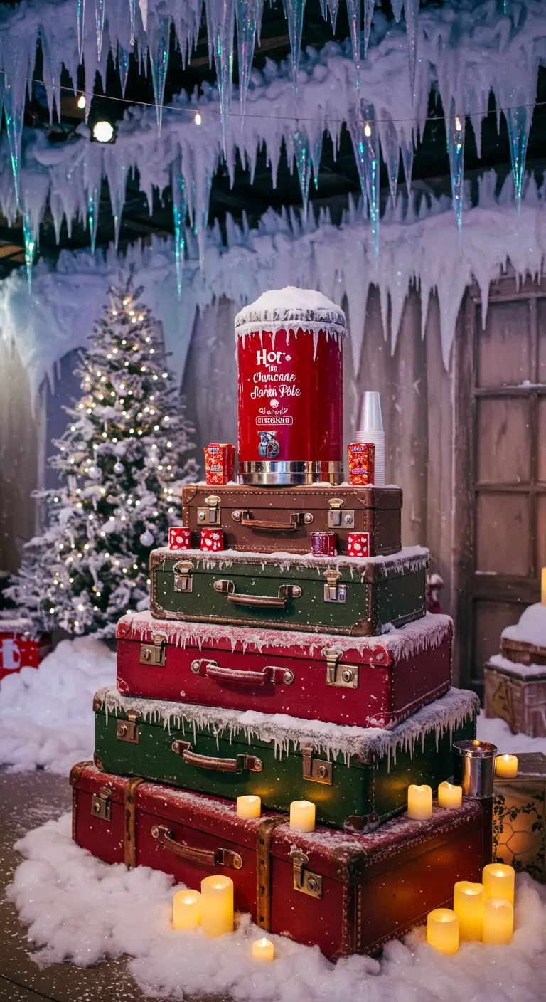 Winterdecor met gestapelde koffers, kunstsneeuw, lichtjes en kerstbomen.