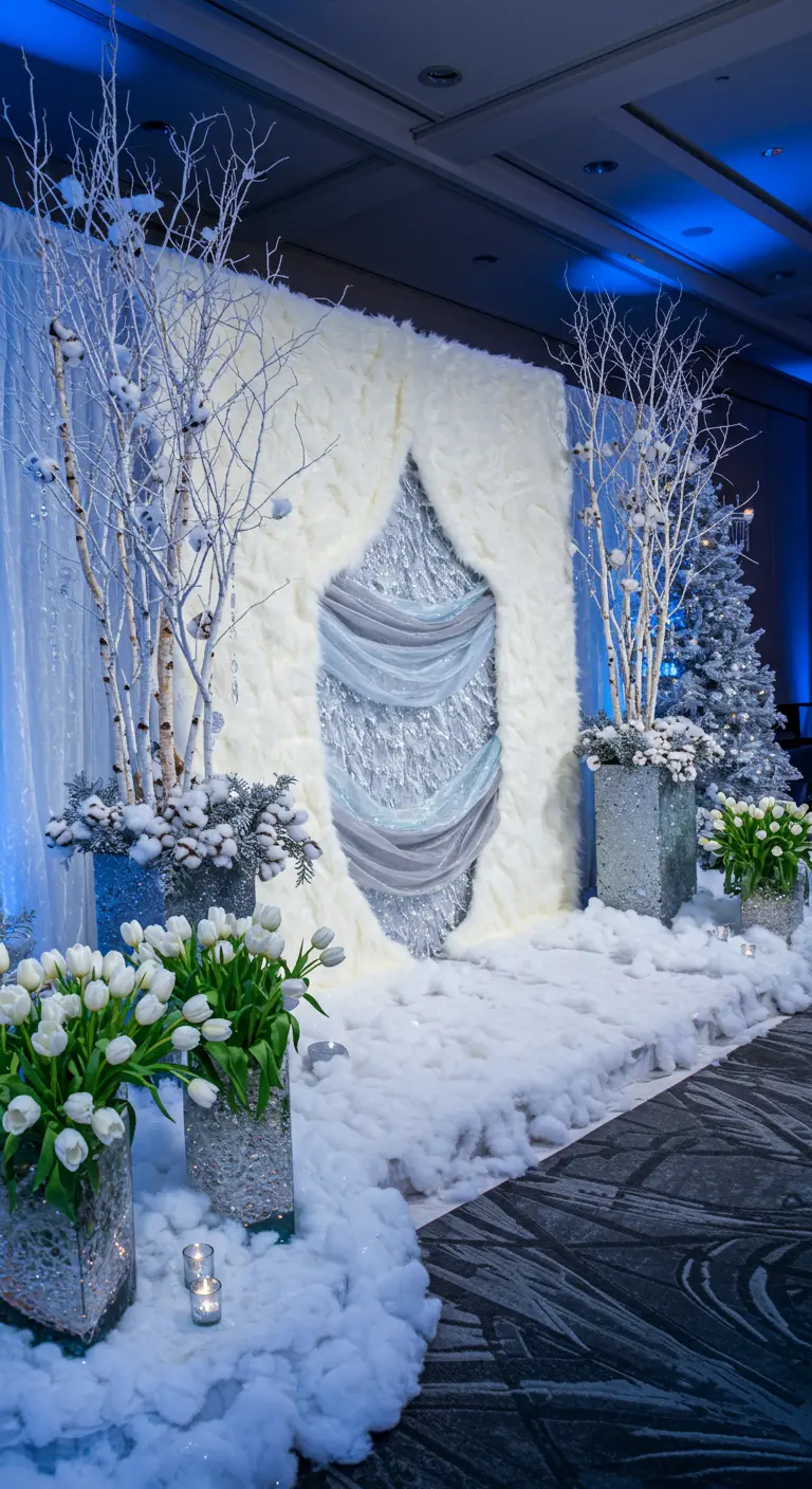 Winterse backdrop met wit nepbont, berkenstammen en kunstsneeuw.