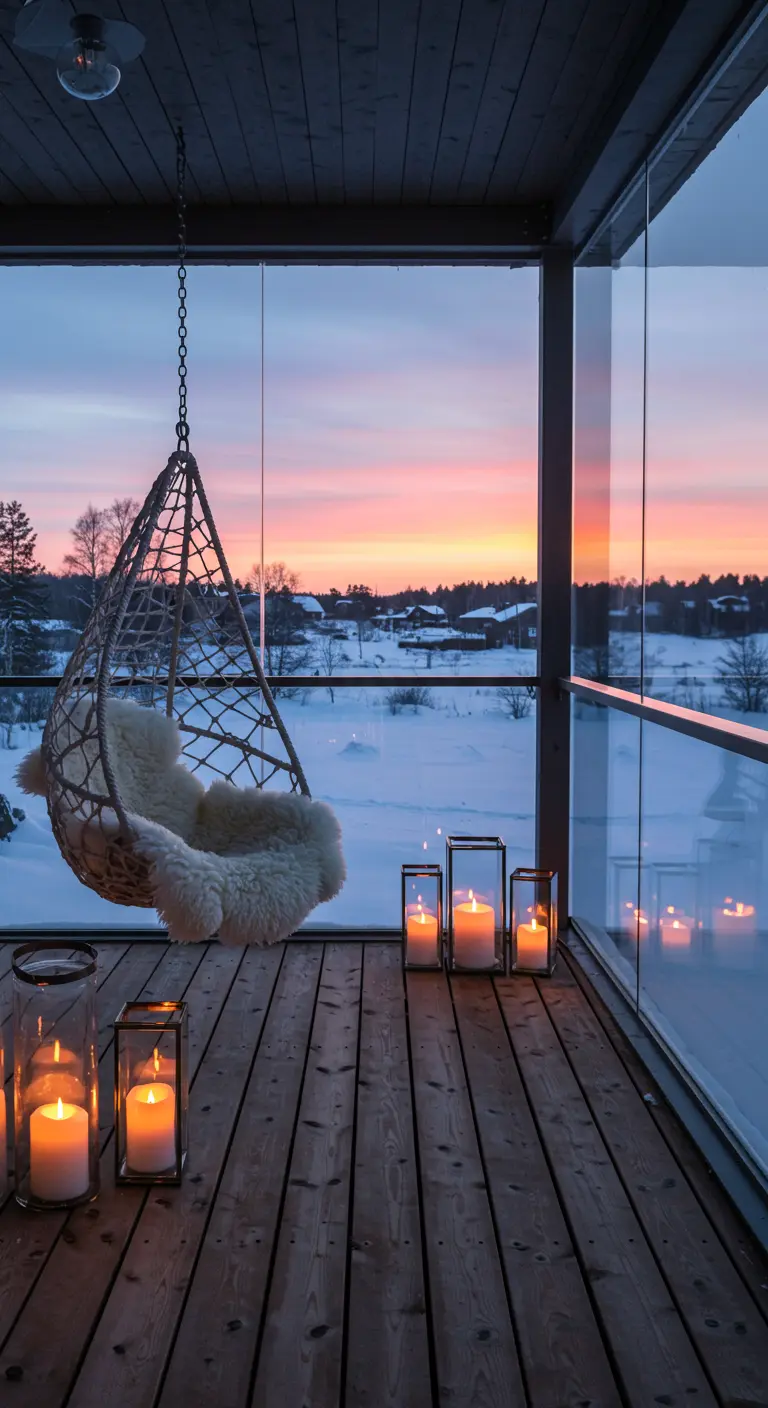 Macramé hangstoel met schapenvacht op een besneeuwd, afgesloten balkon vol kaarsen.