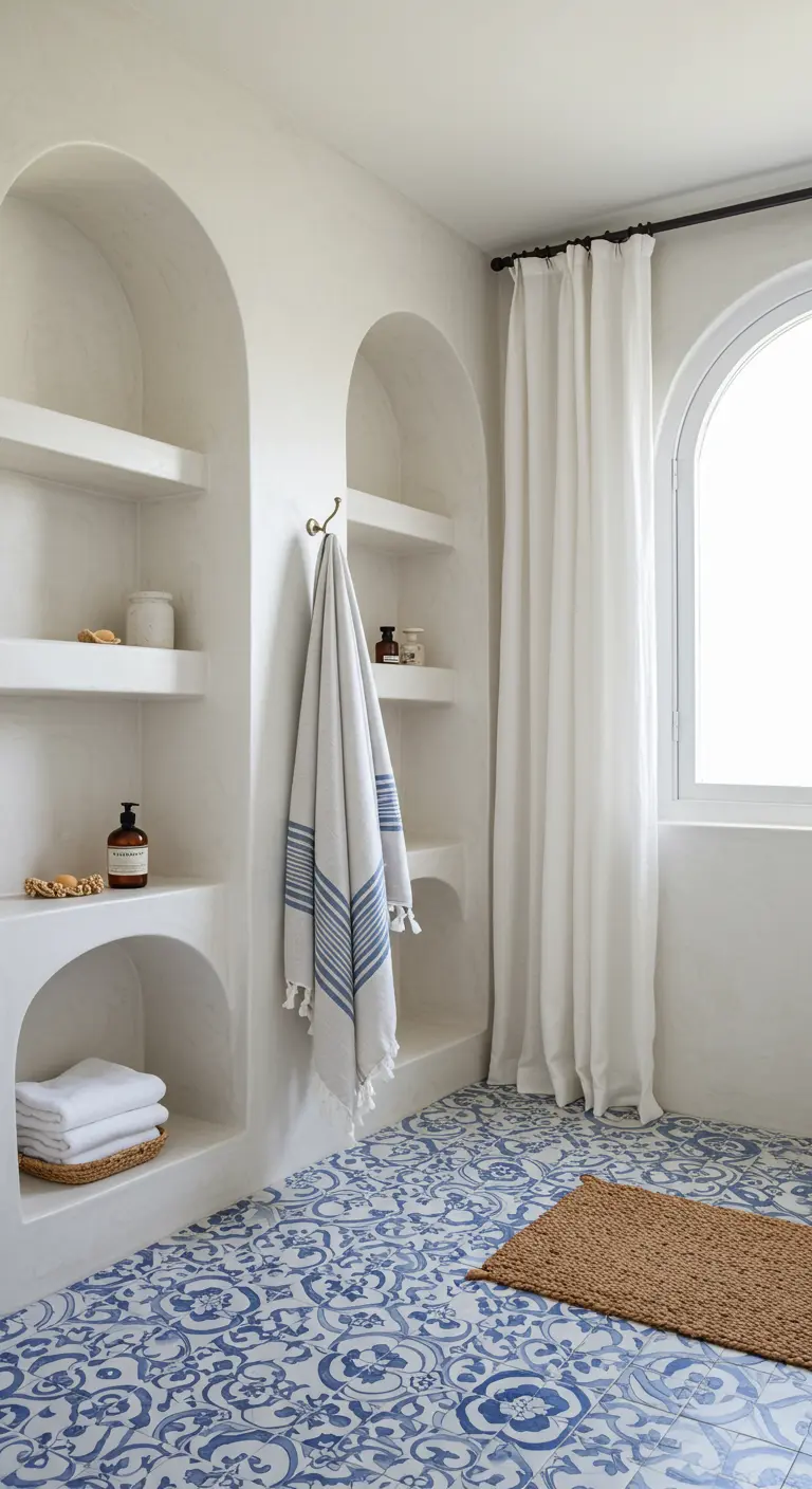 Mediterrane badkamer met blauw-witte patroontegels, witte muren en een simpel wit gordijn.