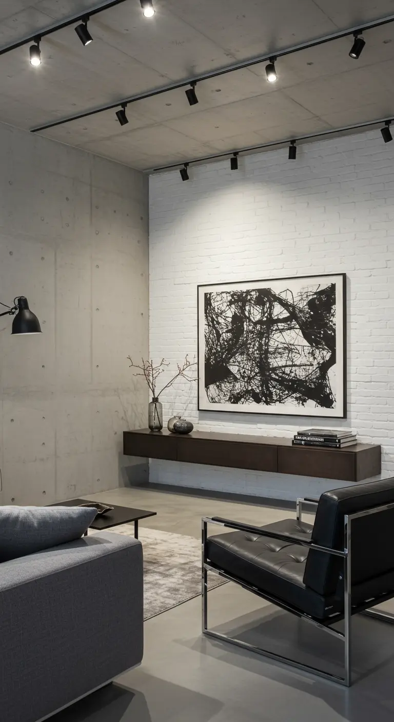 Woonkamer met witgeschilderde bakstenen muur, abstract schilderij en design meubels.