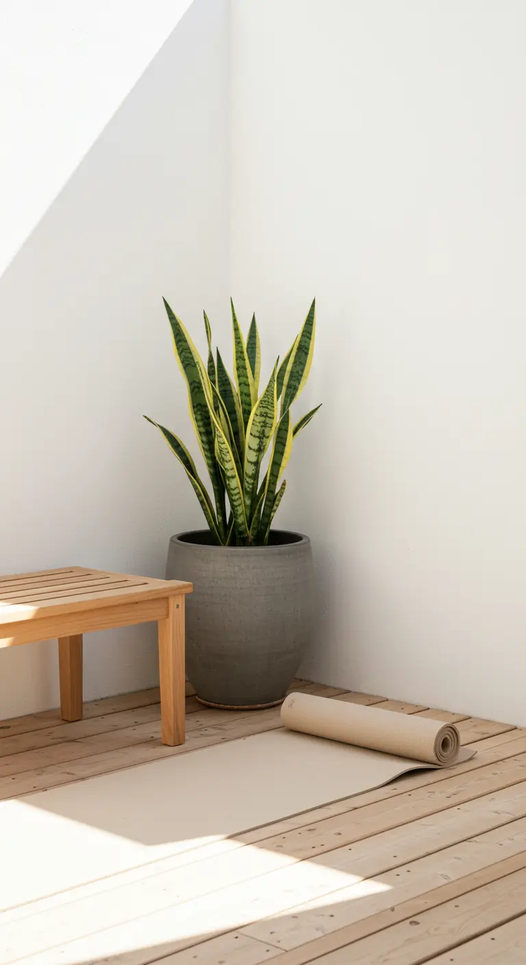 Minimalistische hoek met witte muur, houten vloer, een Sansevieria en een opgerolde yogamat.