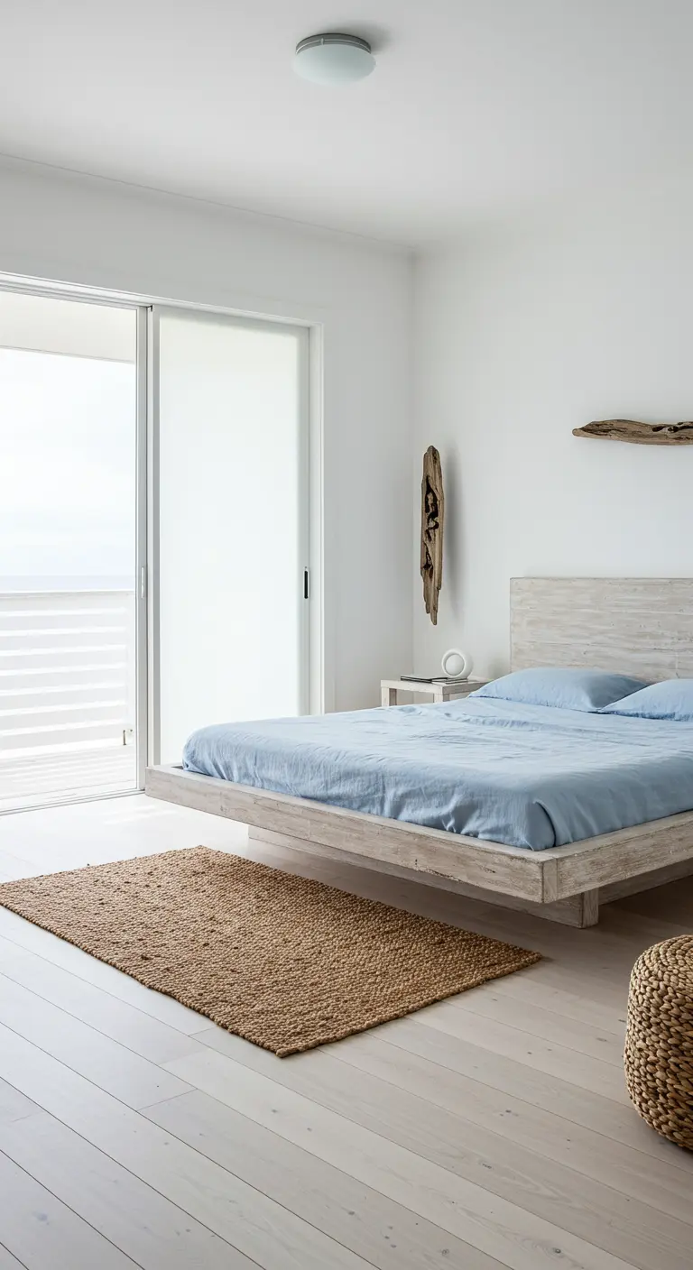 Lichte slaapkamer met witgewassen houten bed, blauw beddengoed, een jute kleed en een rieten poef.