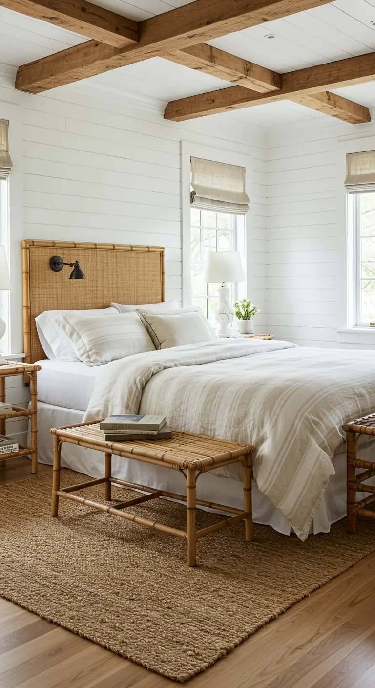 Kuststijl slaapkamer met witte houten muren, balkenplafond en een bamboe bed.