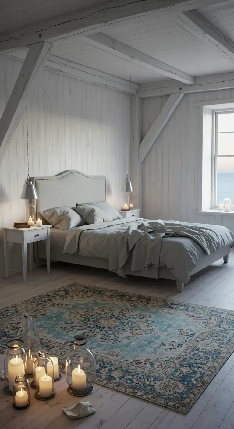 Lichte slaapkamer met wit houten plafond, grijs beddengoed en een blauw vintage tapijt met kaarsen.