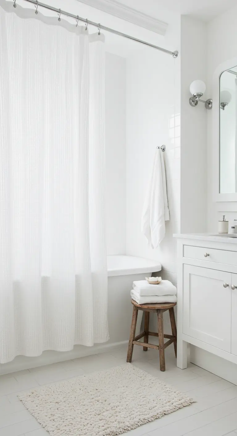 Volledig witte badkamer met een getextureerd douchegordijn, pluizig kleedje en houten krukje.