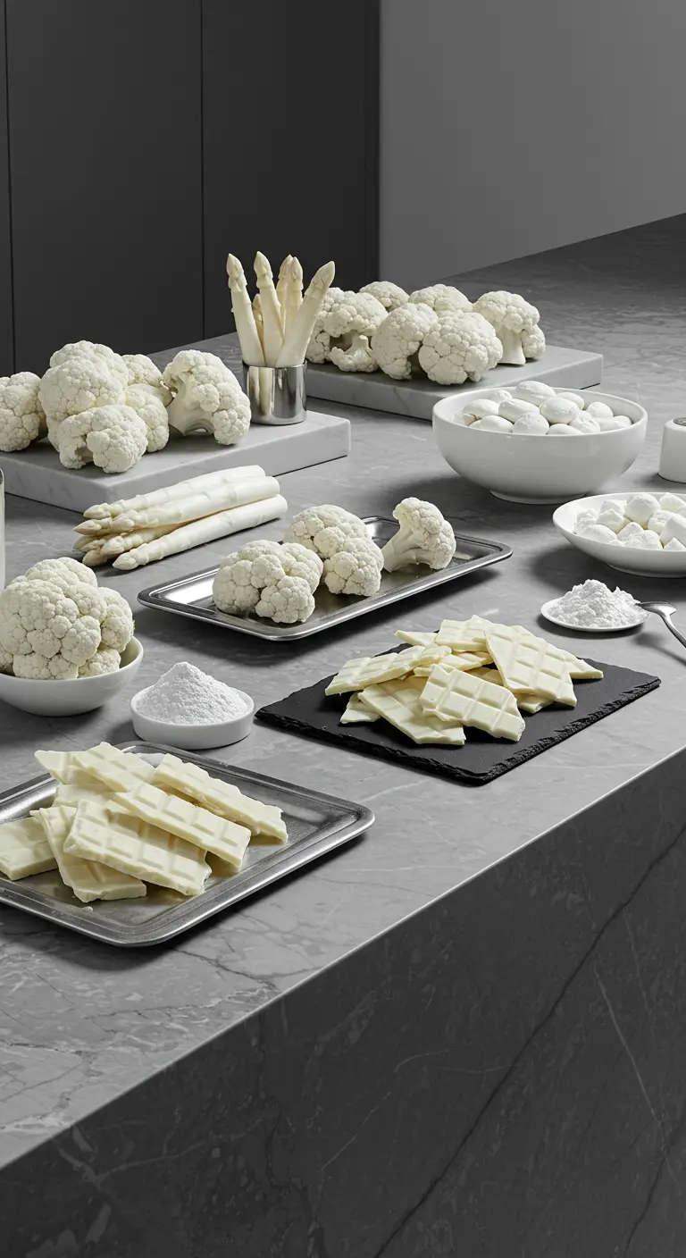 Monochroom wit buffet met bloemkool, asperges en witte chocolade op marmer.